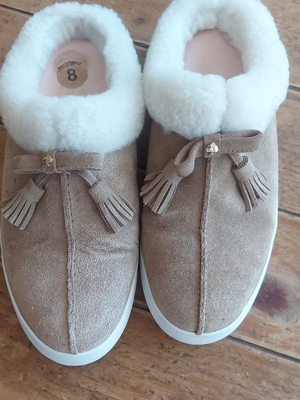kate spade Tan Suede Tassel Slip-On Slippers with White Faux-Fur